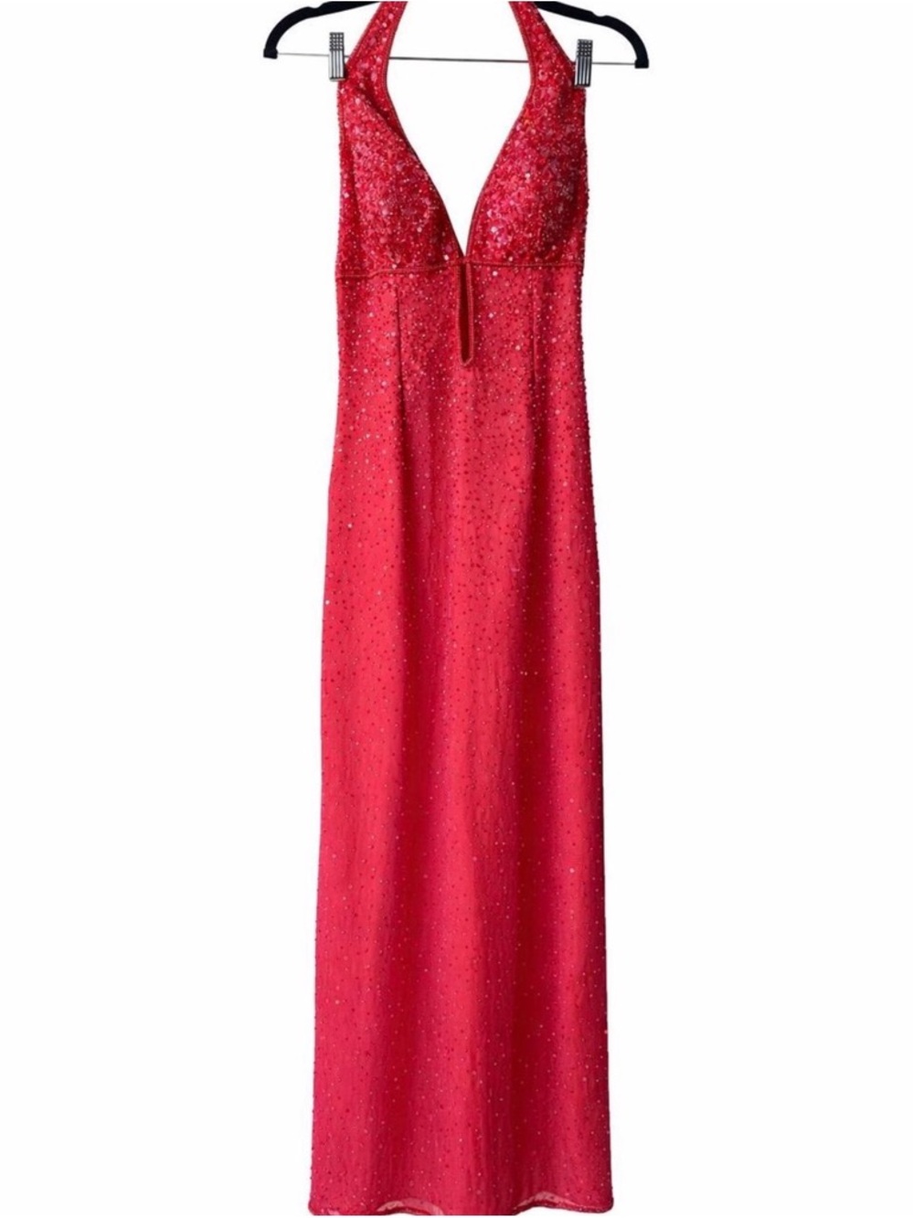 Scala Red Halter Sequin Prom Dress